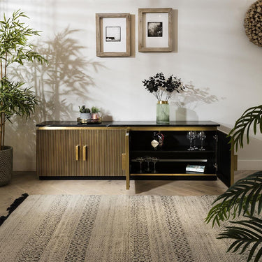 Quatropi Gold Metal 4 Door Modern TV Unit 200cm - Luxury Black Marble Top - Ironville