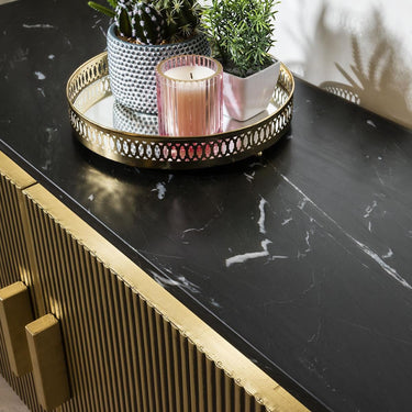 Quatropi Gold Metal 4 Door Modern TV Unit 200cm - Luxury Black Marble Top - Ironville