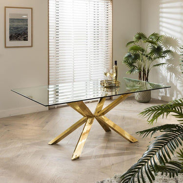 Quatropi Gold Pedestal Glass Table & Cream Velvet Chairs - 6 Seater Dining Set