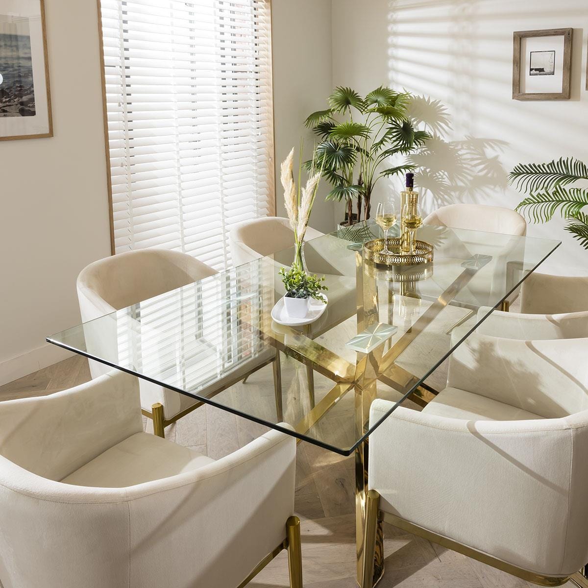 Quatropi Gold Pedestal Glass Table & Cream Velvet Chairs - 6 Seater Dining Set