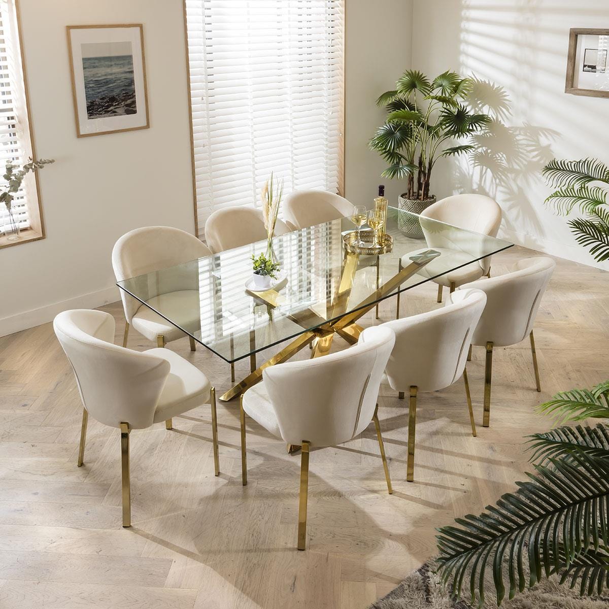 Quatropi Gold Pedestal Glass Table & Lavish Cream Velvet Chairs - 8 Seater Dining Set