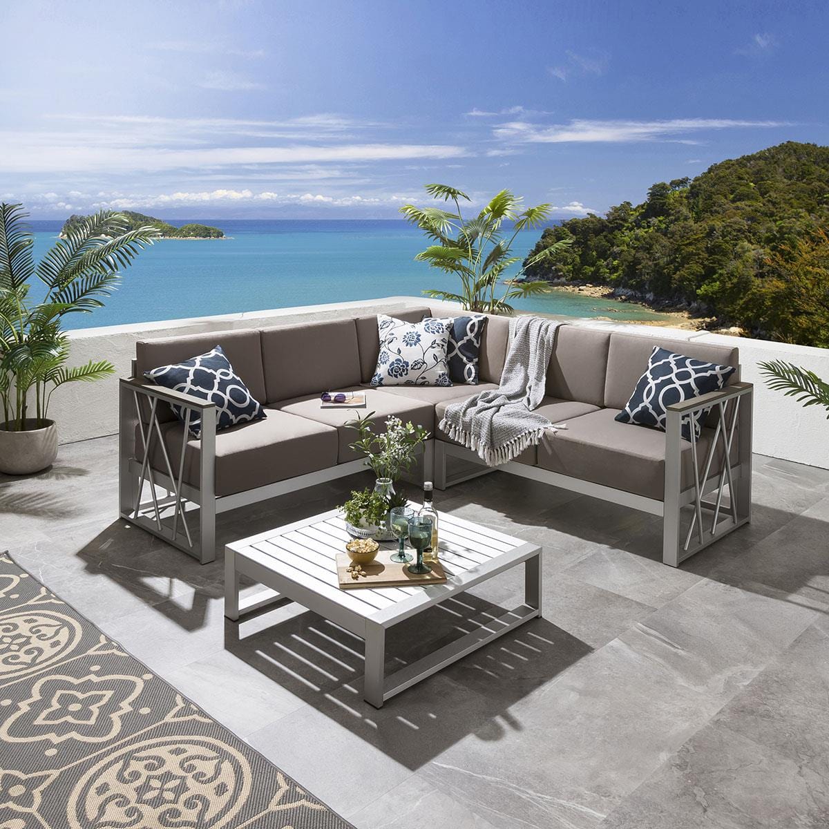 Quatropi Gorgeous 4 Seater Garden Corner Sofa Taupe + Footstool | Xanado Beach