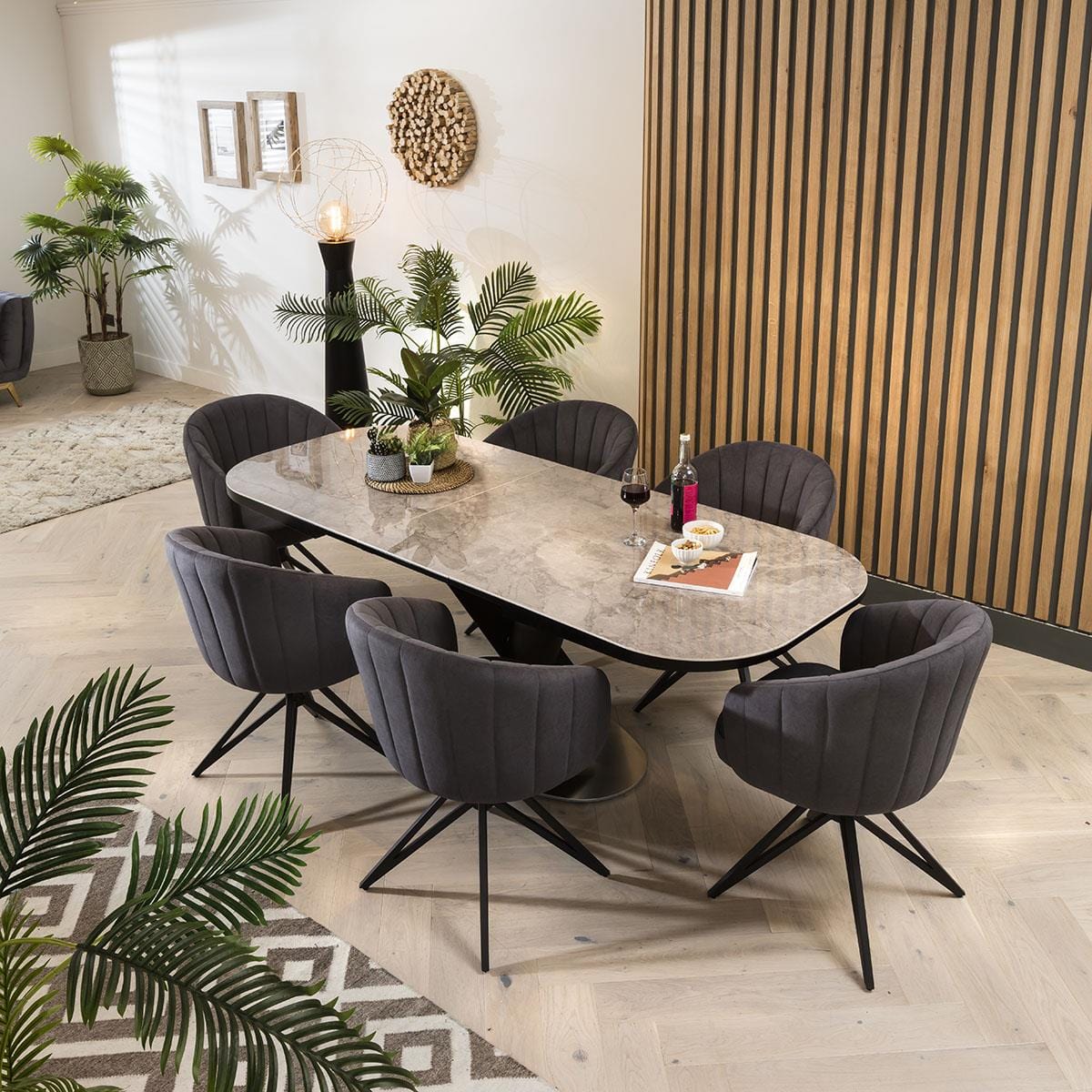 Quatropi Grey Ceramic Extending Table & Grey Swivel Chairs - 6 Seater Dining Set
