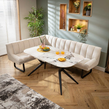 Quatropi Harvey & Conor 5 Seater Extendable Corner Bench Dining Set White Fabric & Ceramic RT