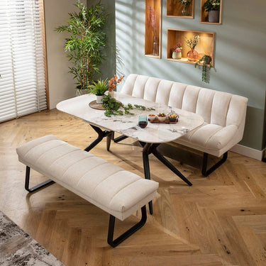Quatropi Harvey & Conor 6 Seater Extendable Bench Dining Set Stone & White Ceramic XBT