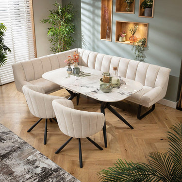 Quatropi Harvey & Conor 7 Seater Extendable Corner Bench Dining Set White Fabric & Ceramic R2
