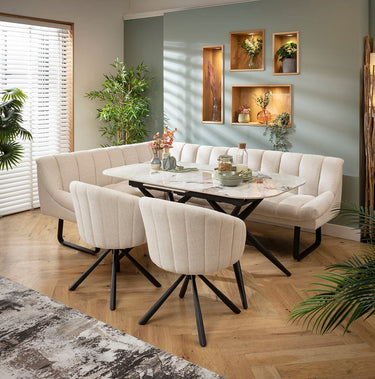 Quatropi Harvey & Conor 7 Seater Extendable Corner Bench Dining Set White Fabric & Ceramic R2