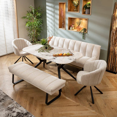 Quatropi Harvey & Conor 8 Seater Extendable Bench Dining Set Stone & White Ceramic XB2