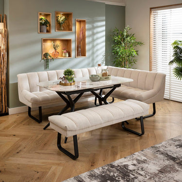 Quatropi Harvey & Conor 8 Seater Extendable Corner Bench Dining Set White Fabric & Ceramic LBB