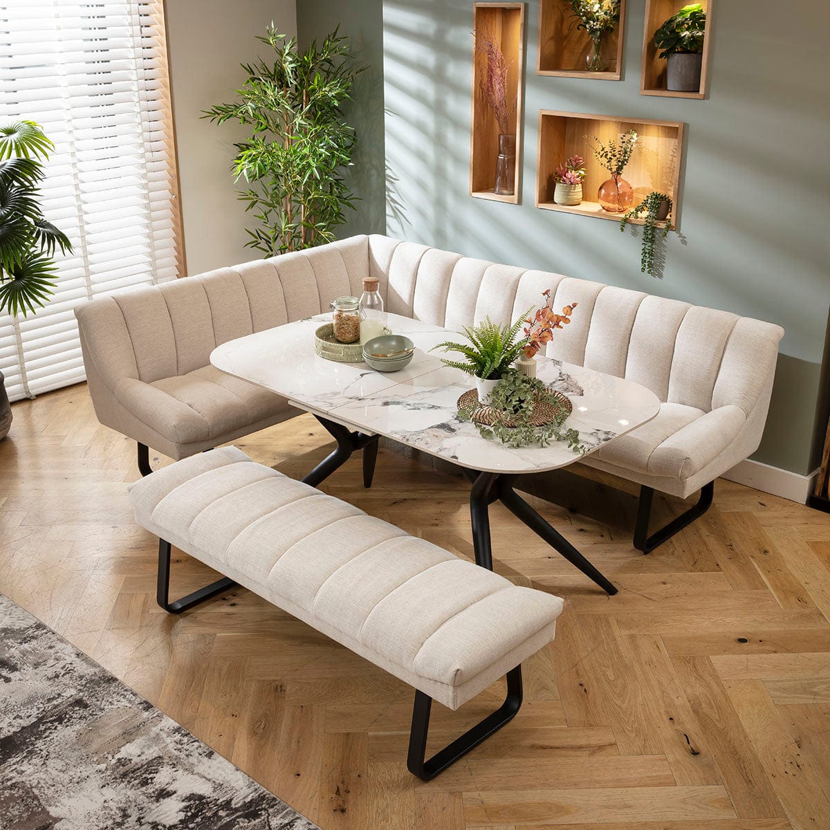 Premium 8 Seater Extendable Corner Bench Dining Set Stone & White ...