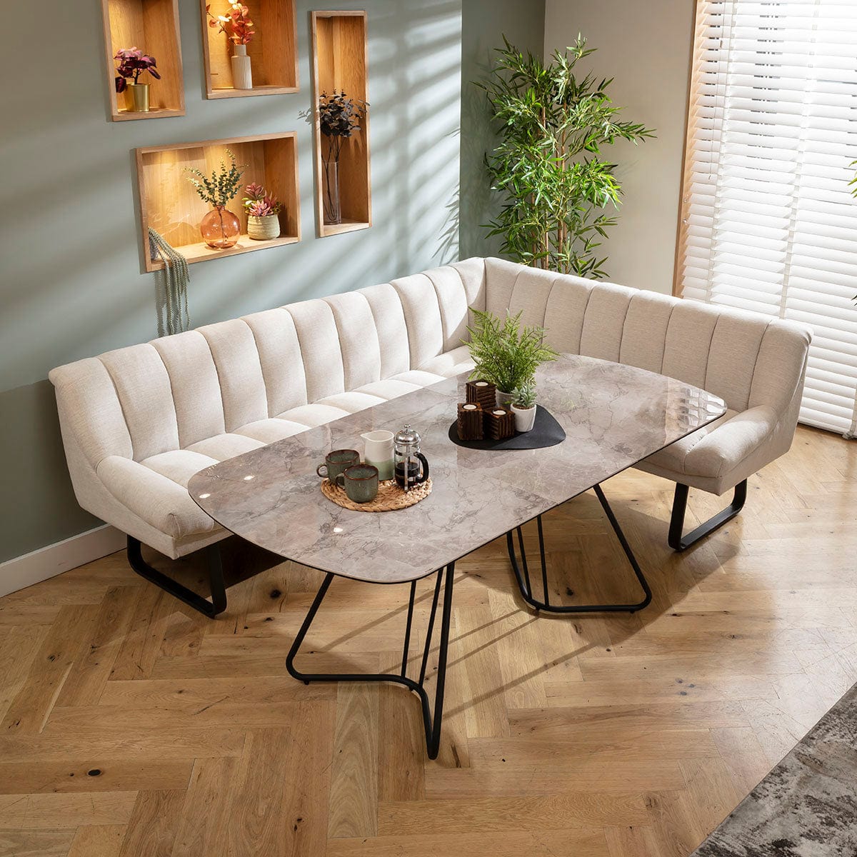 Modern 5 Seater Extendable Corner Bench Dining Set Stone & Grey Ceramic ...