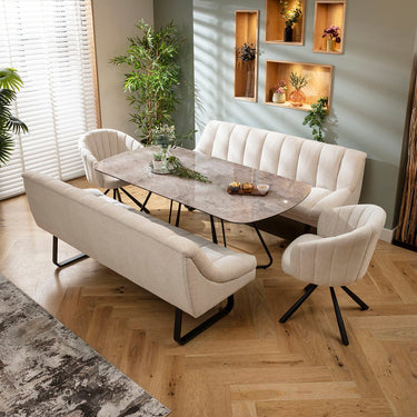 Quatropi Harvey & Deco 8 Seater Extendable Bench Dining Set Stone & Grey Ceramic SB2