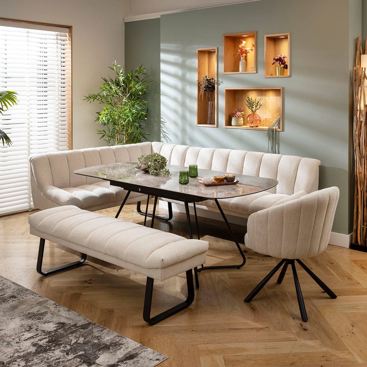 Modern 9 Seater Extendable Corner Bench Dining Set Stone & Grey Ceramic ...