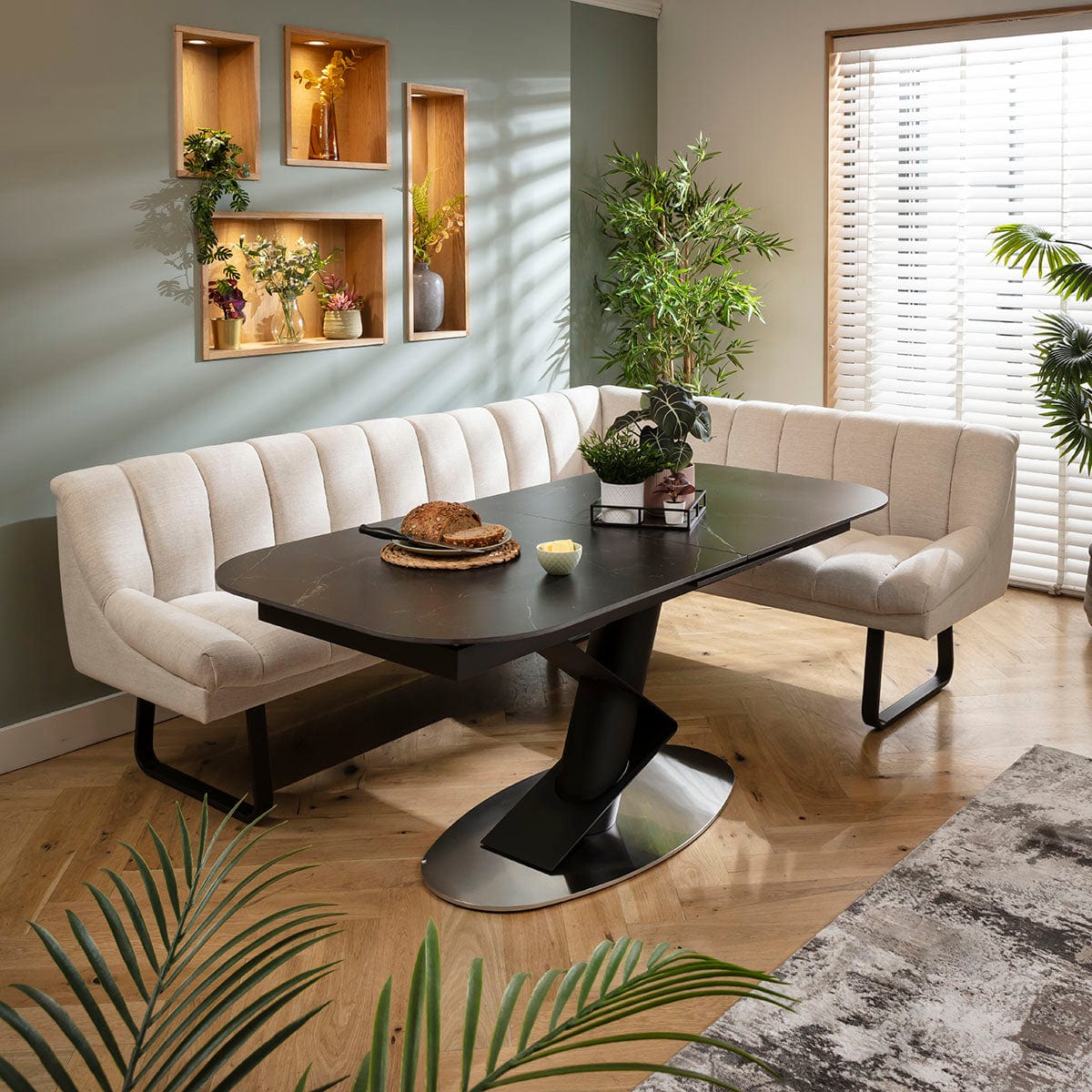 Modern 5 Seater Extendable Corner Bench Dining Set Stone & Black ...
