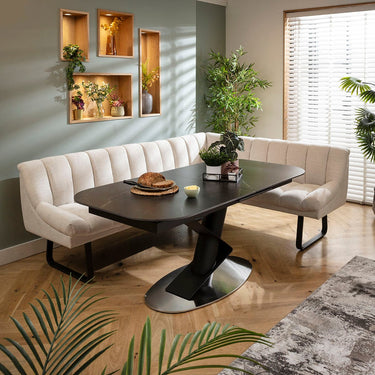 Quatropi Harvey & Vertex 5 Seater Extendable Corner Bench Dining Set Stone & Black Ceramic LT