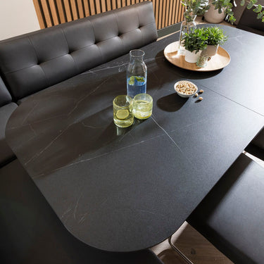 Quatropi Harvey & Vertex 5 Seater Extendable Corner Bench Dining Set Stone & Black Ceramic LT