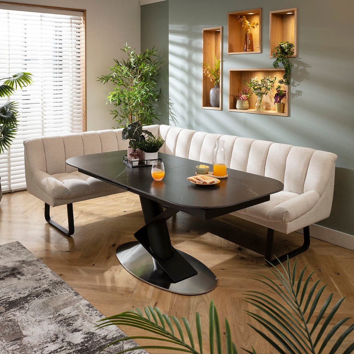 Modern 5 Seater Extendable Corner Bench Dining Set Stone & Black ...