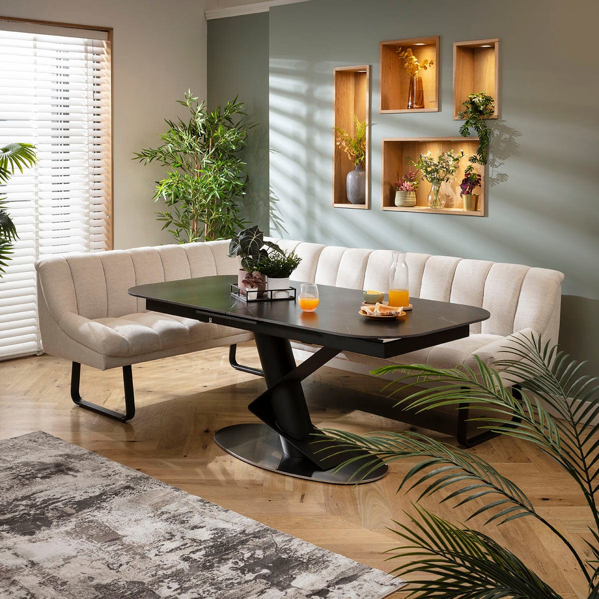 Modern 5 Seater Extendable Corner Bench Dining Set Stone & Black ...
