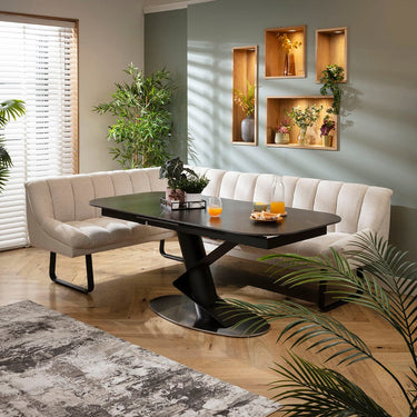 Quatropi Harvey & Vertex 5 Seater Extendable Corner Bench Dining Set Stone & Black Ceramic RT
