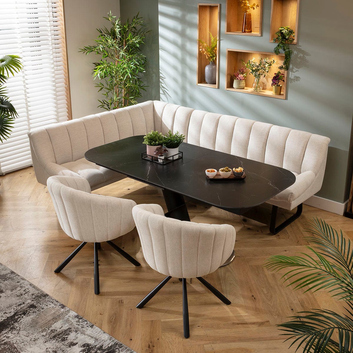 Modern 7 Seater Extendable Corner Bench Dining Set Stone & Black ...