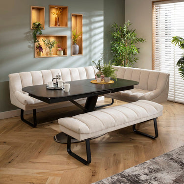 Quatropi Harvey & Vertex 8 Seater Extendable Corner Bench Dining Set Stone & Black Ceramic LBB