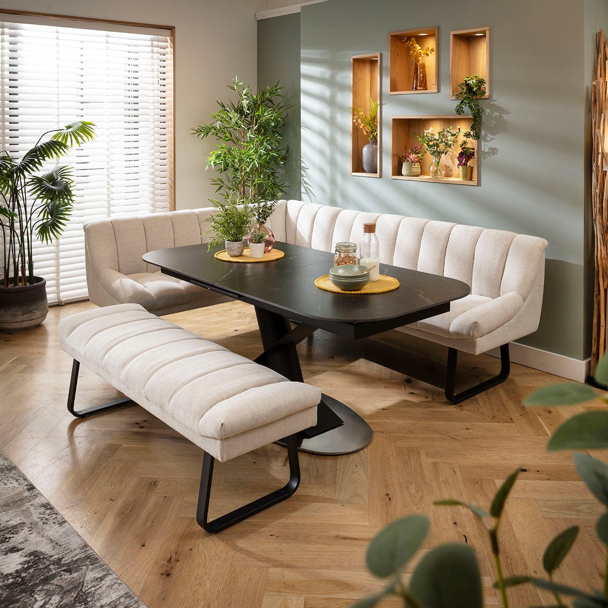 Modern 8 Seater Extendable Corner Bench Dining Set Stone & Black ...