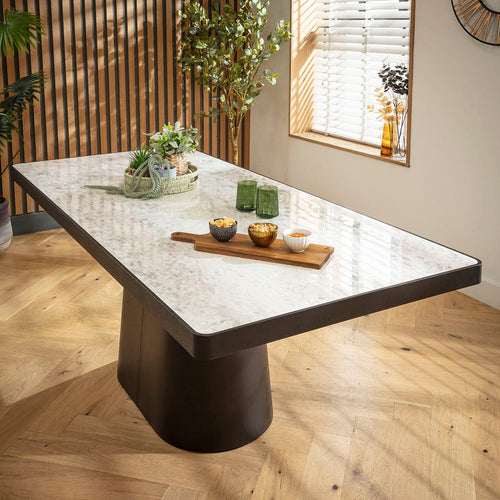 Quatropi Hastings 8 Seater Ceramic Marble Kitchen Dining Table Grey Black Oak 200x90cm