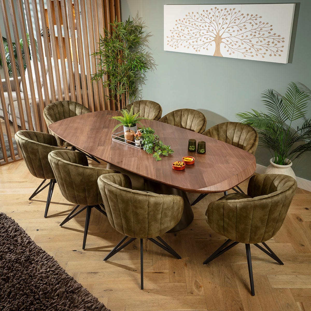 Large Modern 8 Seater Dining Table and Chairs Set Green Walnut Wood ...