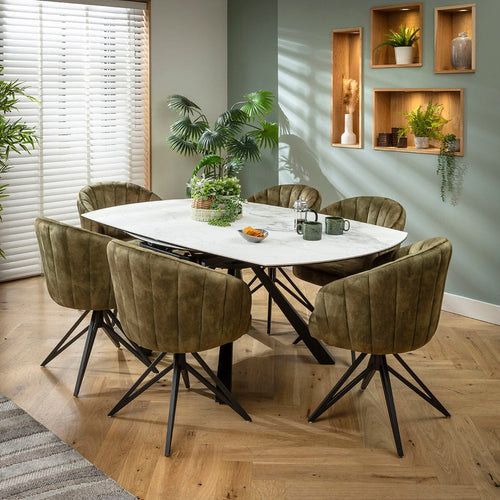 Hattie & Rudie 6 Seater Round Extendable Dining Set Green & Matte White Ceramic