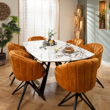 Quatropi Hattie & Rudie 6 Seater Round Extendable Dining Set Saffron & Black-Veined White Ceramic