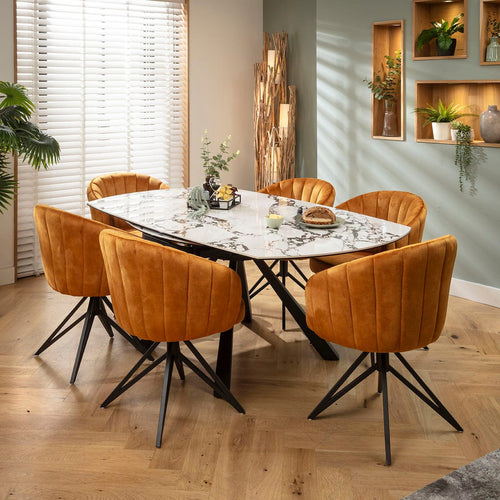 Hattie & Rudie 6 Seater Round Extendable Dining Set Saffron & Black-Veined White Ceramic