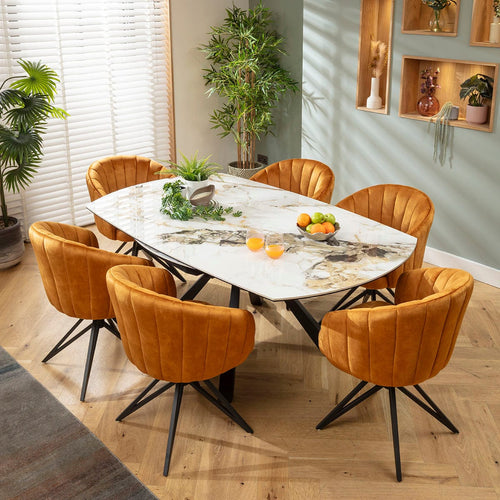 Hattie & Rudie 6 Seater Round Extendable Dining Set Saffron & White Ceramic