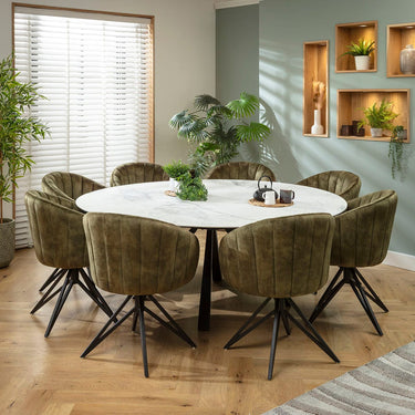 Quatropi Hattie & Rudie 8 Seater Round Extendable Dining Set Green & Matte White Ceramic