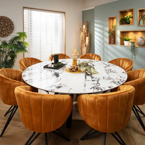 Hattie & Rudie 8 Seater Round Extendable Dining Set Saffron & Black-Veined White Ceramic