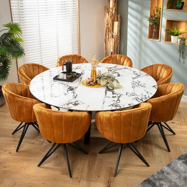 Quatropi Hattie & Rudie 8 Seater Round Extendable Dining Set Saffron & Black-Veined White Ceramic