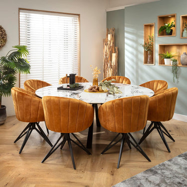 Quatropi Hattie & Rudie 8 Seater Round Extendable Dining Set Saffron & Black-Veined White Ceramic