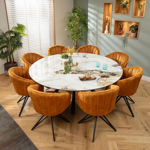 Hattie & Rudie 8 Seater Round Extendable Dining Set Saffron & White Ceramic