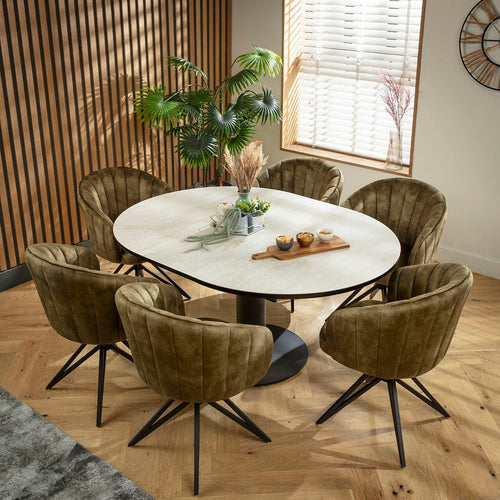 Hattie & Venus 6 Seater Round Extendable Dining Set Green & Light Grey Ceramic