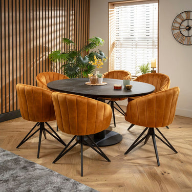 Quatropi Hattie & Venus 6 Seater Round Extendable Dining Set Saffron & Black Ceramic