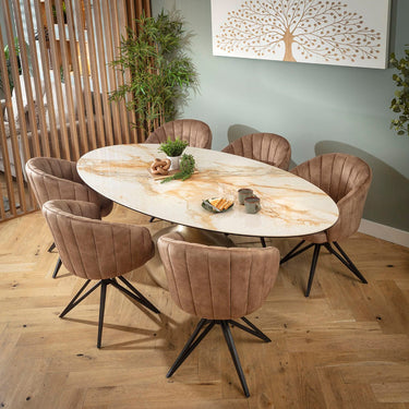 Quatropi Hattie & Venusia Luxury 6 Seater Oval Dining Set Brown & White Ceramic