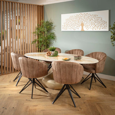 Quatropi Hattie & Venusia Luxury 6 Seater Oval Dining Set Brown & White Ceramic