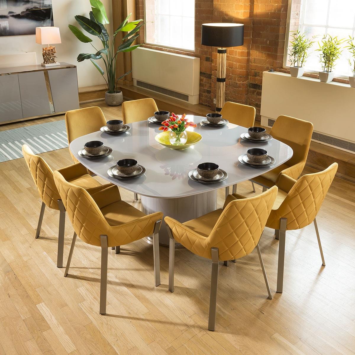 Quatropi Huge Grey Square Glass Top Dining Set & 8 x Mustard & Stainless Chairs