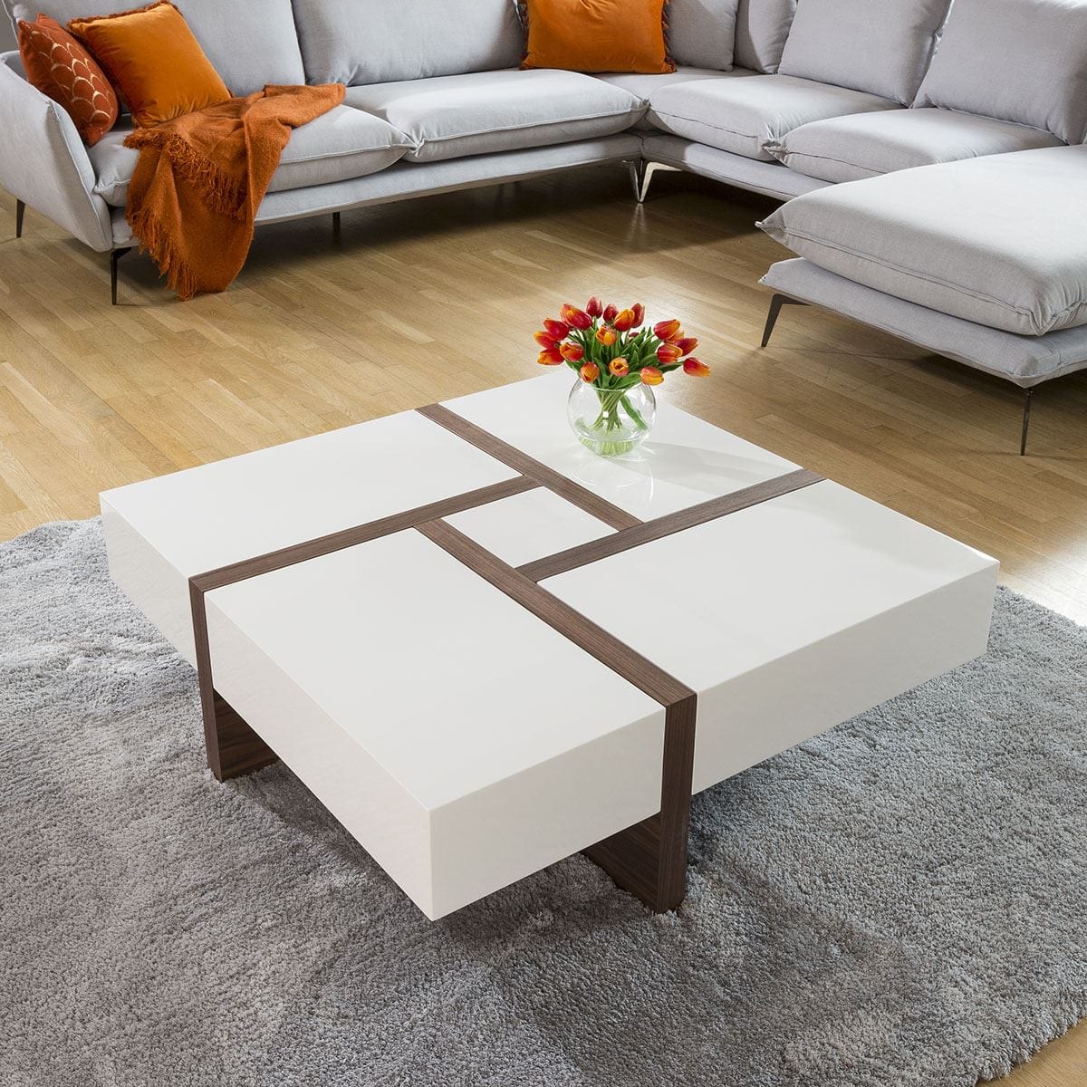 Quatropi Huge Modern Square 1000mm Coffee Table White High Gloss & Walnut Legs