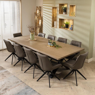 Quatropi Industrial Live Edge Wooden Table 10 Chair Dining Set Grey Leather 260cm