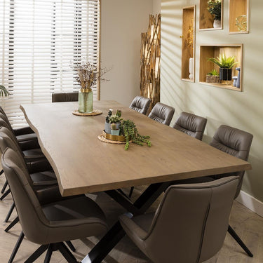 Quatropi Industrial Live Edge Wooden Table 10 Chair Dining Set Grey Leather 260cm