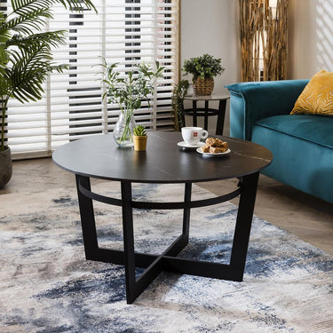 Quatropi Industrial Round Coffee Table Black Ceramic Marble Living Room 90cm