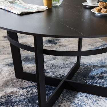 Quatropi Industrial Round Coffee Table Black Ceramic Marble Living Room 90cm