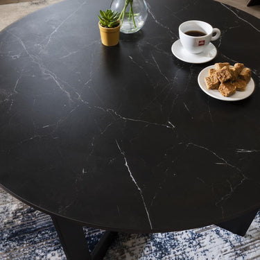 Quatropi Industrial Round Coffee Table Black Ceramic Marble Living Room 90cm
