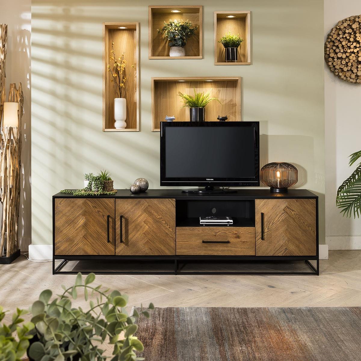 Industrial Solid Wood TV Stand Cabinet Parquet Herringbone Black 200cm – Quatropi