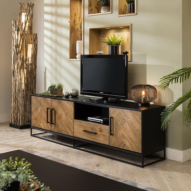 Quatropi Industrial Solid Wood TV Stand Cabinet Parquet Herringbone Black 200cm